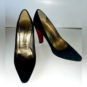 Diane Von Furstenberg Black Suede Pumps with Red Heels, size 5M